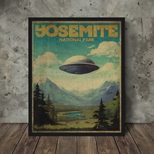Listing image for Vintage YOSEMITE UFO Travel Poster, Sci-Fi Alien Nature Wall Art, UAP NHI Decor