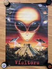 Listing image for Vintage Original 90s Visitors Alien UFO Aztec Pyramid Art Poster 1996 mayan