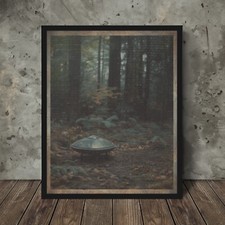 Listing image for Vintage UFO Alien FOREST Wall Art, Cryptid Halloween Decor, Sci-fi Nature Poster