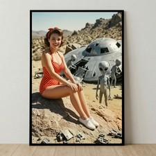 Listing image for Desert UFO Crash Pin-Up Poster – Retro Alien Encounter Scene