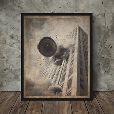 Listing image for Vintage UFO CRASH Wall Art, Alien City Skyscraper Poster, UAP Urban Sci-fi Decor